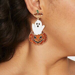 NEW Glittered Enamel Halloween Ghost Gold Orange Pumpkin Dangle Earrings